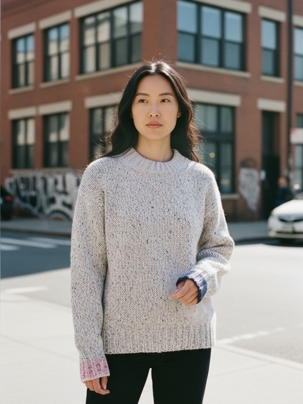 Acne Studios Light Beige Speckled Knit Sweater with Subtle Pink and Blue Cuffs